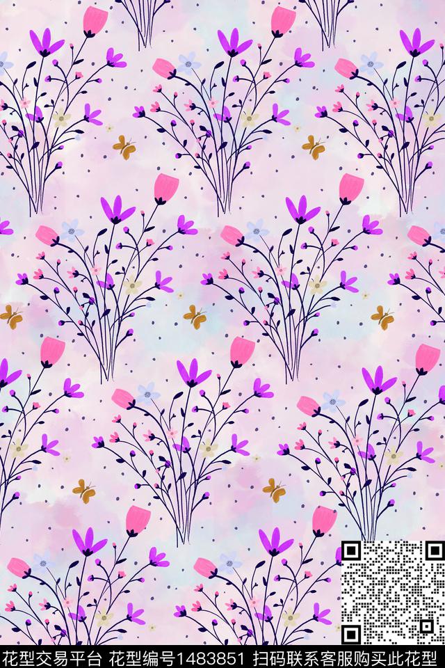 水彩花卉香云纱数码印花华亿平台下载（图片编号: 1483851） - 瓦栏（Walan）