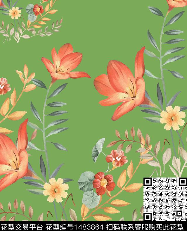彩底花卉撞色绿植树叶数码印花华亿平台下载（图片编号: 1483864） - 瓦栏（Walan）
