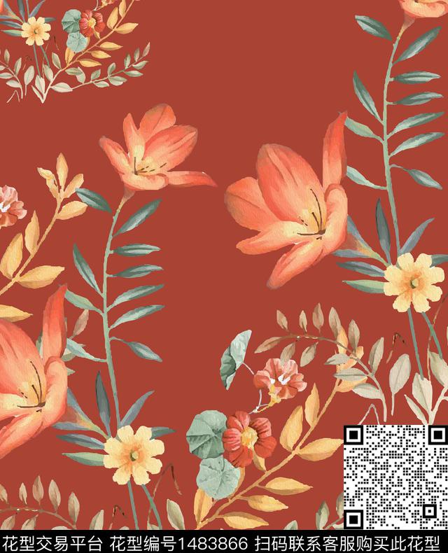 彩底花卉撞色绿植树叶数码印花华亿平台下载（图片编号: 1483866） - 瓦栏（Walan）