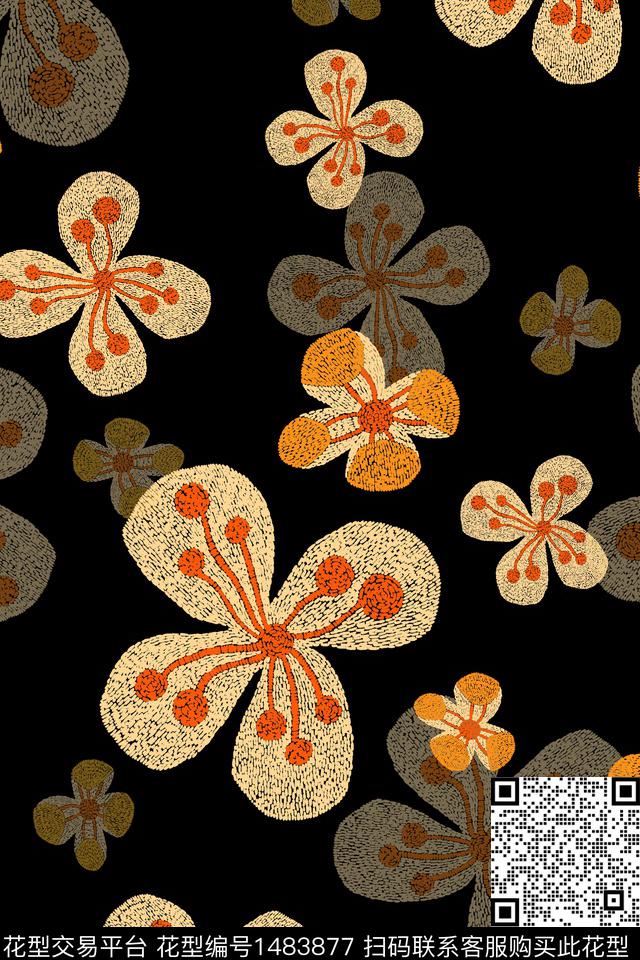 绿植树叶黑底花卉大牌风数码印花华亿平台下载（图片编号: 1483877） - 瓦栏（Walan）