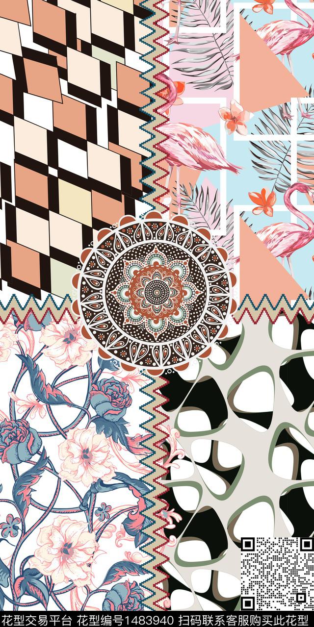 民族风混合拼接大牌风数码印花华亿平台下载（图片编号: 1483940） - 瓦栏（Walan）