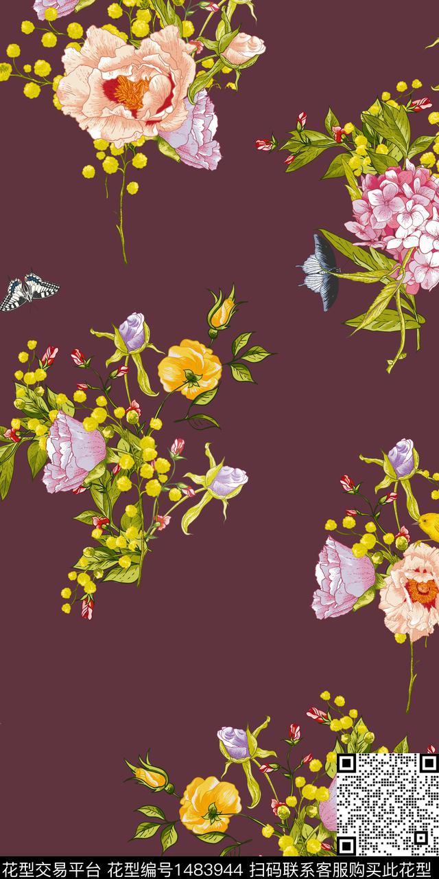 动物花卉水彩花卉满版散花数码印花华亿平台下载（图片编号: 1483944） - 瓦栏（Walan）