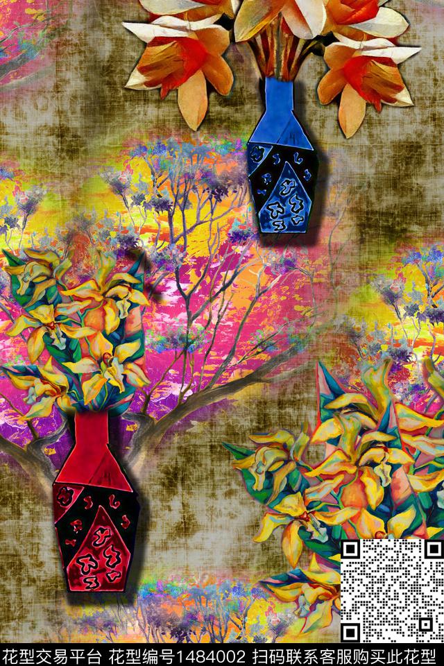 旗袍香云纱油画华亿平台网布真丝数码印花华亿平台下载（图片编号: 1484002） - 瓦栏（Walan）