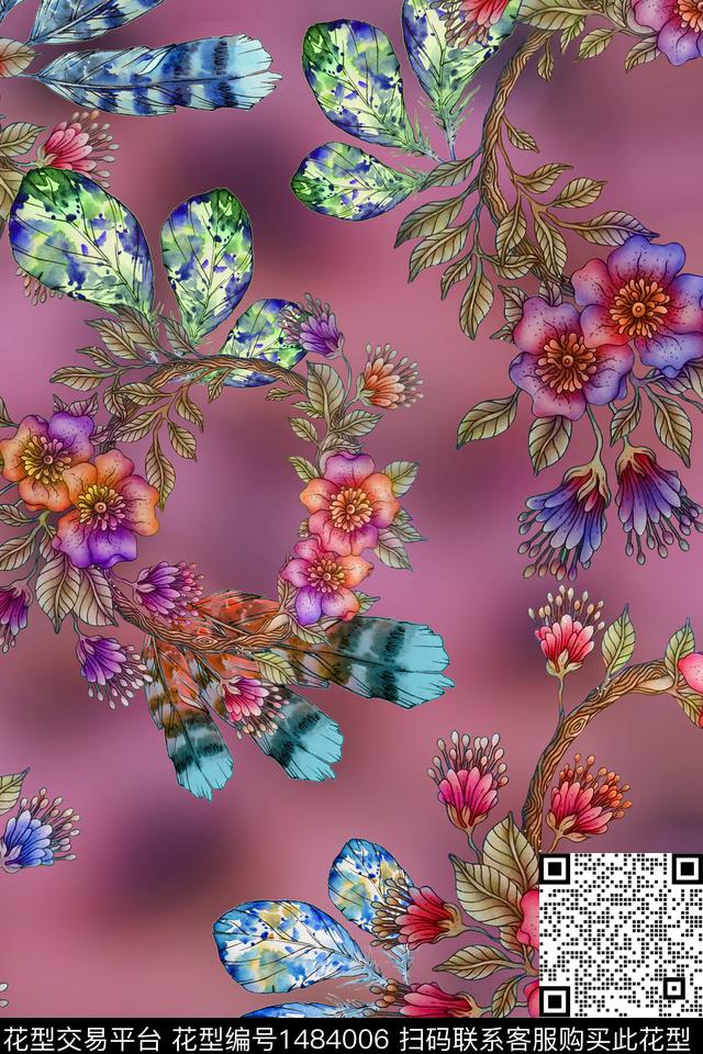 旗袍香云纱网布真丝花卉树枝数码印花华亿平台下载（图片编号: 1484006） - 瓦栏（Walan）