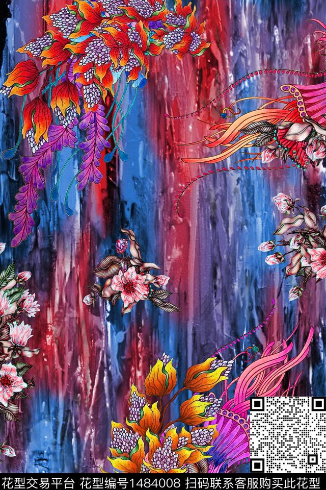 旗袍香云纱网布真丝花卉树枝数码印花华亿平台下载（图片编号: 1484008） - 瓦栏（Walan）