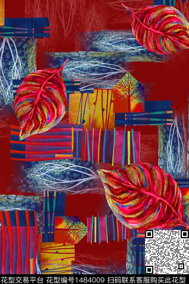 旗袍香云纱网布真丝绿植树叶数码印花华亿平台下载（图片编号: 1484009） - 瓦栏（Walan）