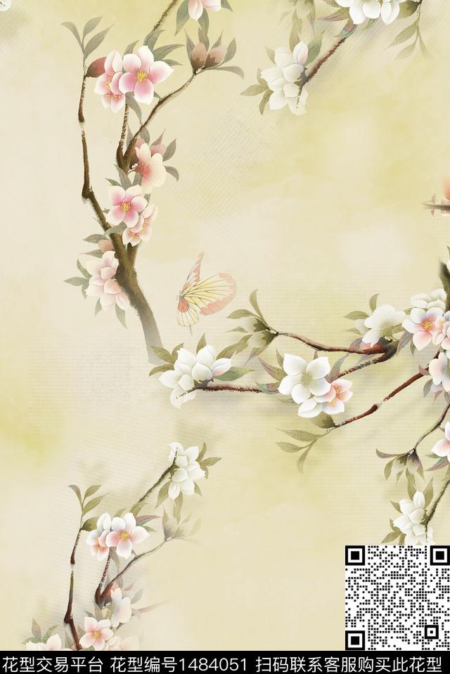 桃花手绘花卉中国风花卉数码印花华亿平台下载（图片编号: 1484051） - 瓦栏（Walan）