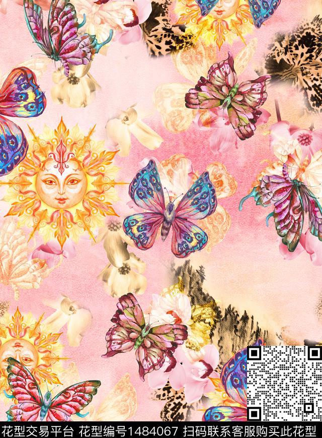 花卉蝴蝶底纹花卉数码印花华亿平台下载（图片编号: 1484067） - 瓦栏（Walan）