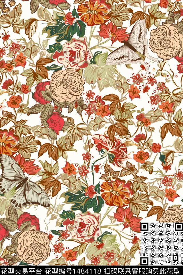 藤蔓小碎花蝴蝶数码印花华亿平台下载（图片编号: 1484118） - 瓦栏（Walan）