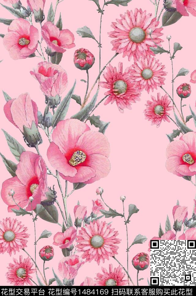 彩底花卉撞色绿植树叶数码印花华亿平台下载（图片编号: 1484169） - 瓦栏（Walan）