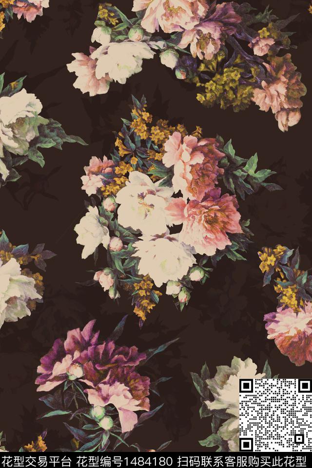 黑底花卉复古香云纱数码印花华亿平台下载（图片编号: 1484180） - 瓦栏（Walan）