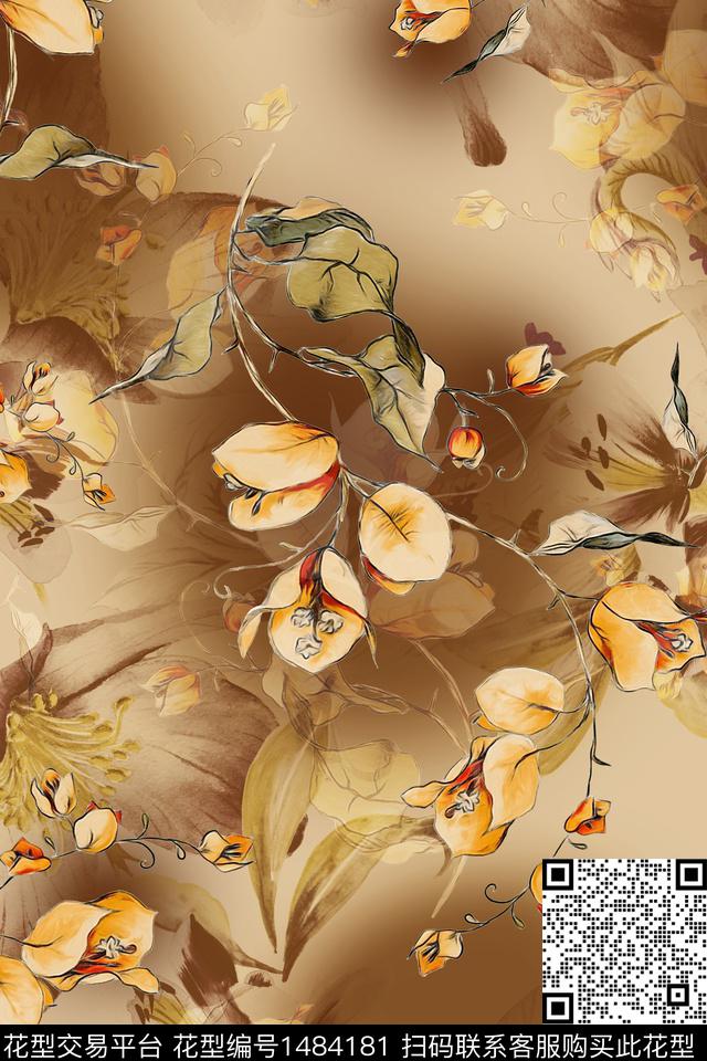 花卉大牌风香云纱数码印花华亿平台下载（图片编号: 1484181） - 瓦栏（Walan）