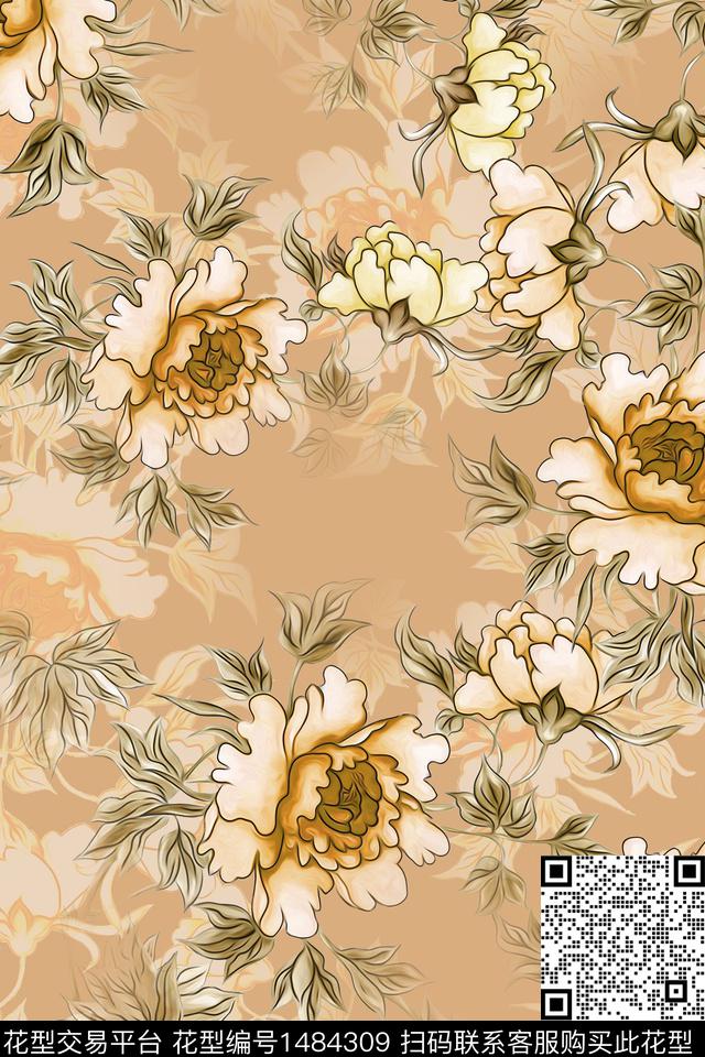 花卉大牌风香云纱数码印花华亿平台下载（图片编号: 1484309） - 瓦栏（Walan）