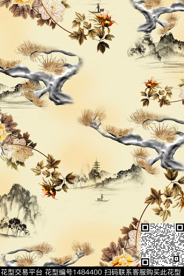 花卉中国风牡丹数码印花华亿平台下载（图片编号: 1484400） - 瓦栏（Walan）