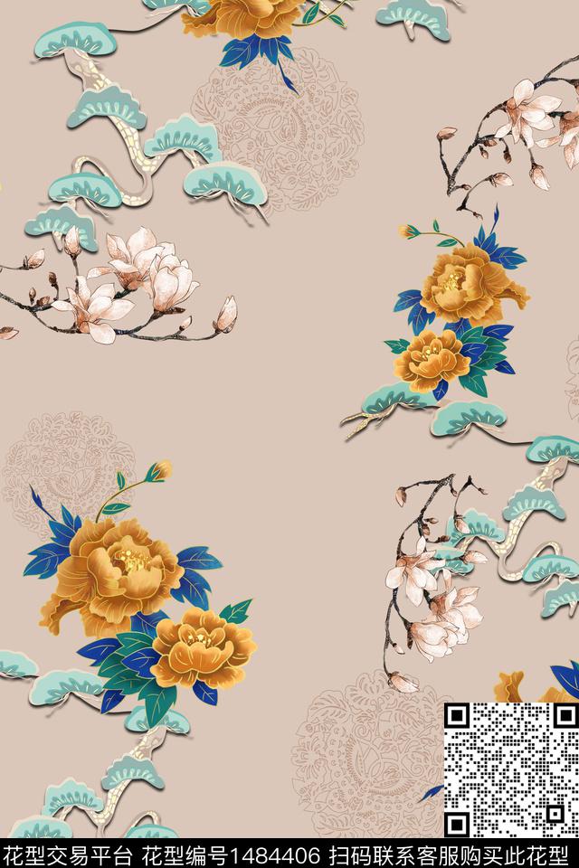 花卉中国风牡丹数码印花华亿平台下载（图片编号: 1484406） - 瓦栏（Walan）