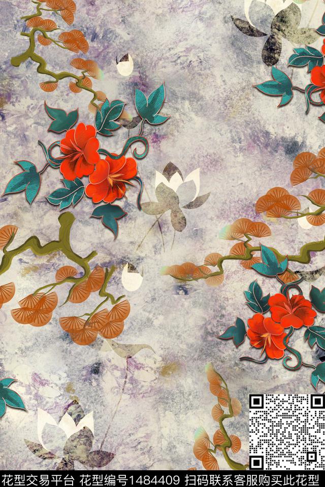 花卉中国风牡丹数码印花华亿平台下载（图片编号: 1484409） - 瓦栏（Walan）