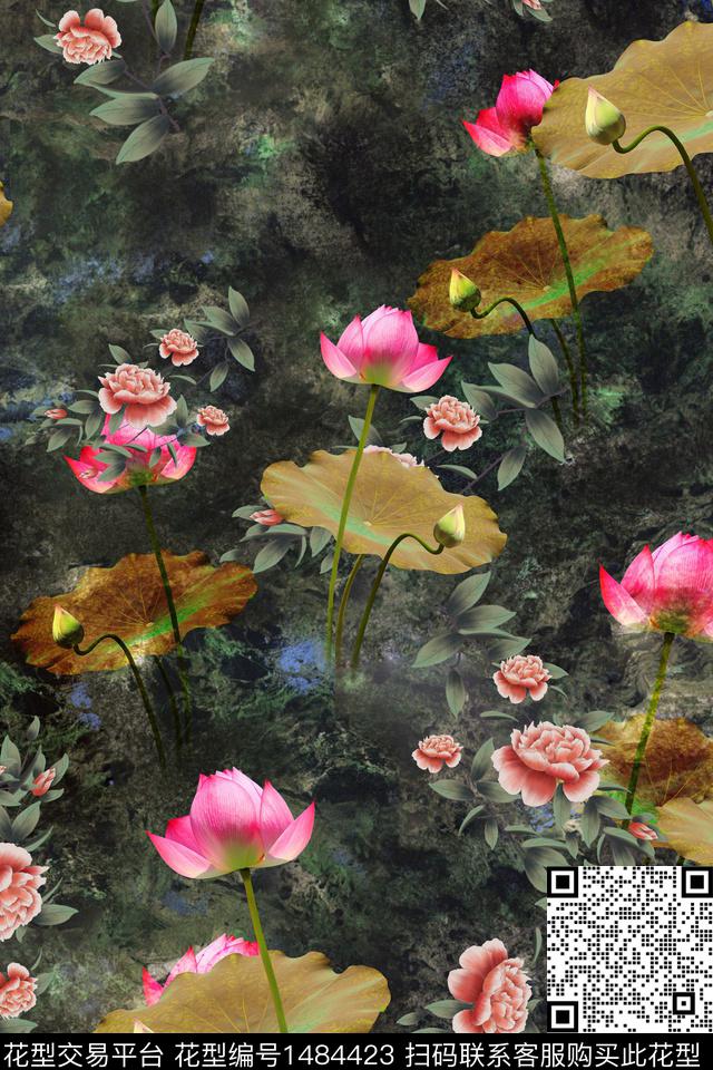 花卉中国风牡丹数码印花华亿平台下载（图片编号: 1484423） - 瓦栏（Walan）