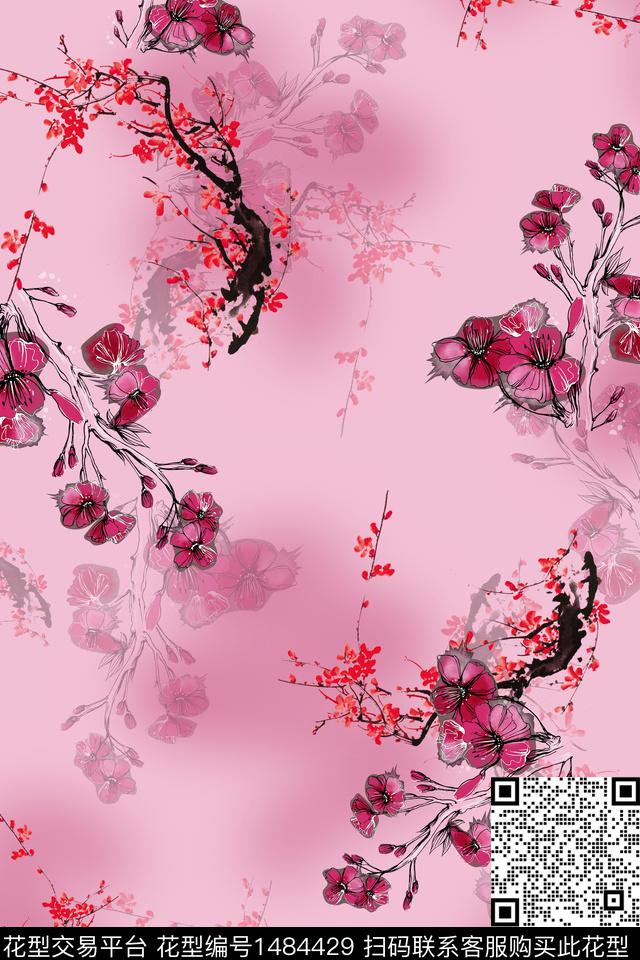 花卉中国风牡丹数码印花华亿平台下载（图片编号: 1484429） - 瓦栏（Walan）