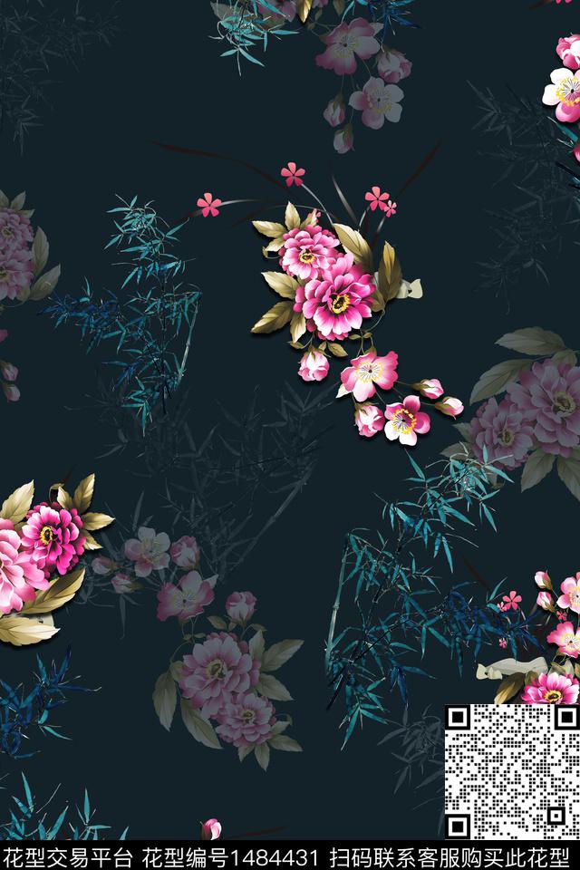 花卉中国风牡丹数码印花华亿平台下载（图片编号: 1484431） - 瓦栏（Walan）