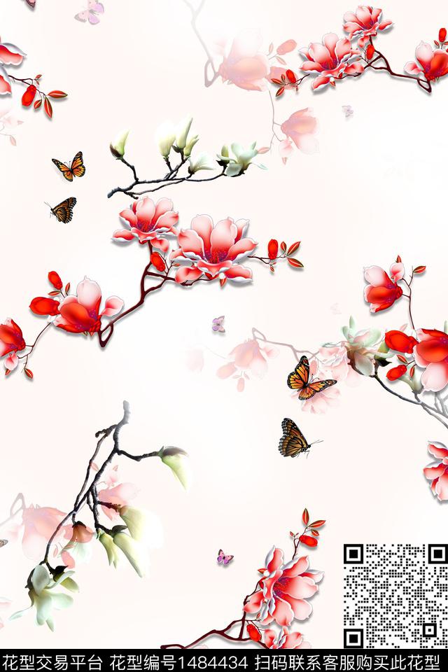 花卉中国风牡丹数码印花华亿平台下载（图片编号: 1484434） - 瓦栏（Walan）