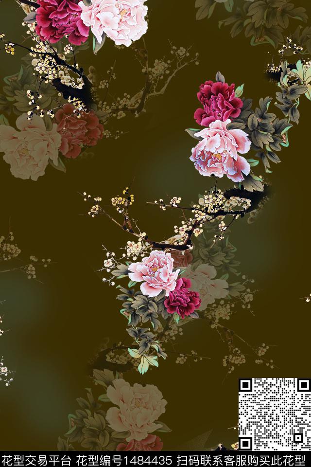 花卉中国风牡丹数码印花华亿平台下载（图片编号: 1484435） - 瓦栏（Walan）