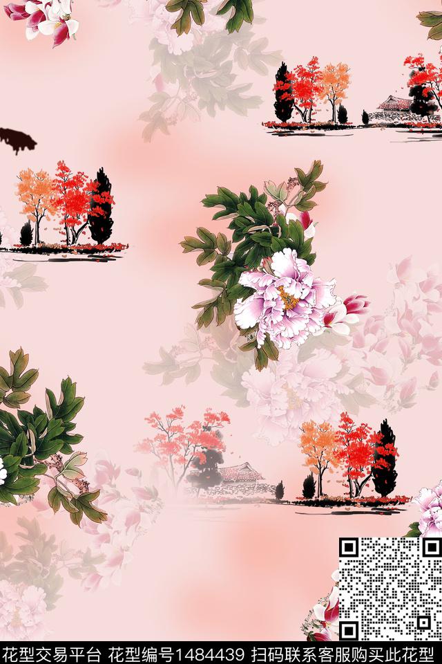 花卉中国风牡丹数码印花华亿平台下载（图片编号: 1484439） - 瓦栏（Walan）