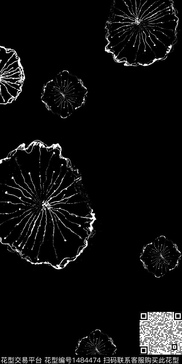 花卉黑白华亿平台黑底花卉数码印花华亿平台下载（图片编号: 1484474） - 瓦栏（Walan）