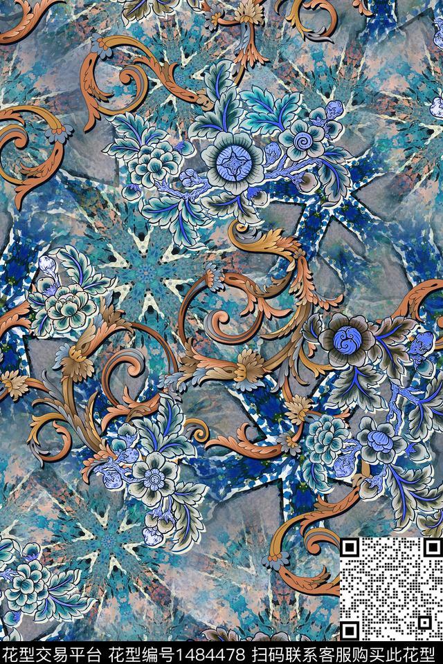 卷草花卉礼服数码印花华亿平台下载（图片编号: 1484478） - 瓦栏（Walan）