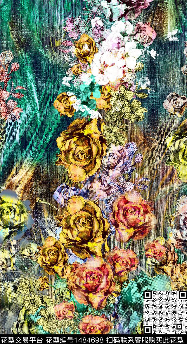 炫彩彩底花卉定位花数码印花华亿平台下载（图片编号: 1484698） - 瓦栏（Walan）