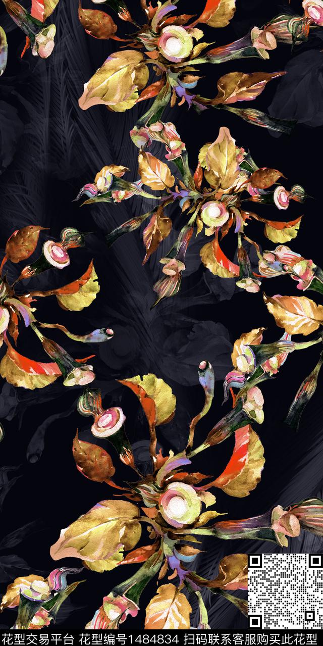黑底花卉数码华亿平台女装数码印花华亿平台下载（图片编号: 1484834） - 瓦栏（Walan）