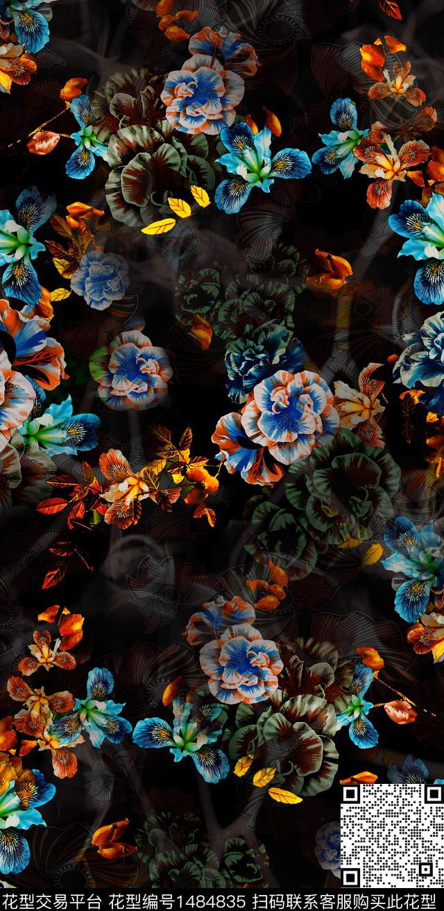 黑底花卉数码华亿平台女装数码印花华亿平台下载（图片编号: 1484835） - 瓦栏（Walan）