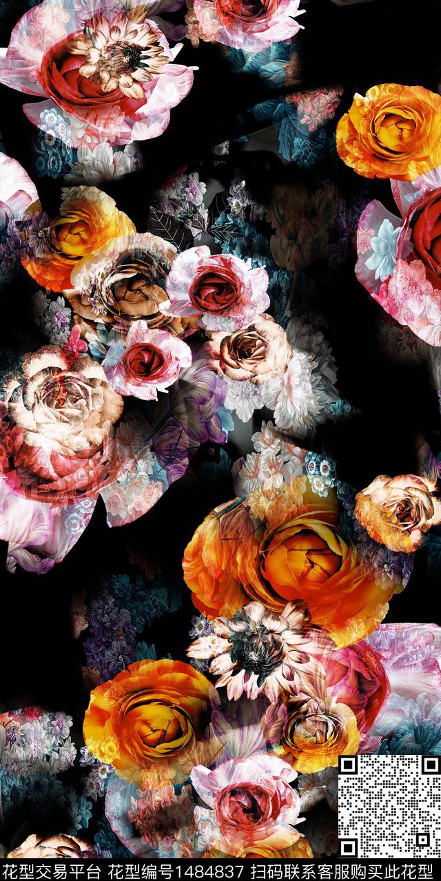 黑底花卉数码华亿平台女装数码印花华亿平台下载（图片编号: 1484837） - 瓦栏（Walan）