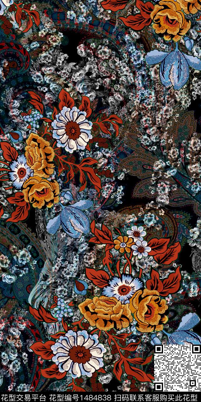 黑底花卉数码华亿平台女装数码印花华亿平台下载（图片编号: 1484838） - 瓦栏（Walan）