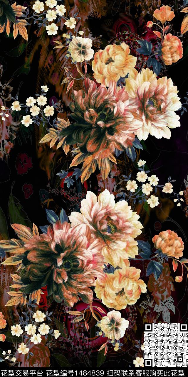 黑底花卉数码华亿平台女装数码印花华亿平台下载（图片编号: 1484839） - 瓦栏（Walan）