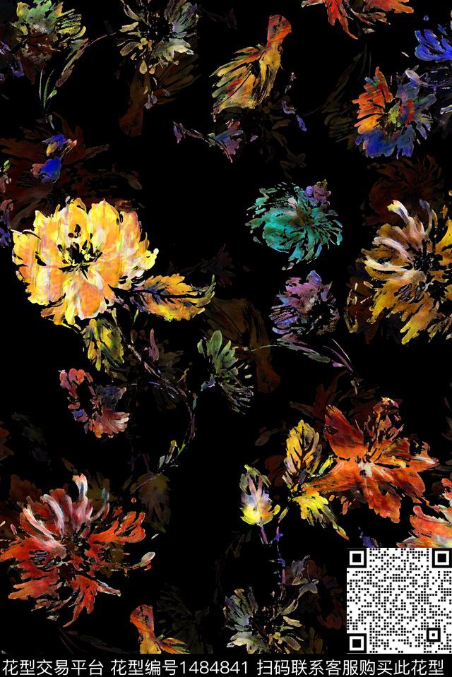 黑底花卉数码华亿平台女装数码印花华亿平台下载（图片编号: 1484841） - 瓦栏（Walan）