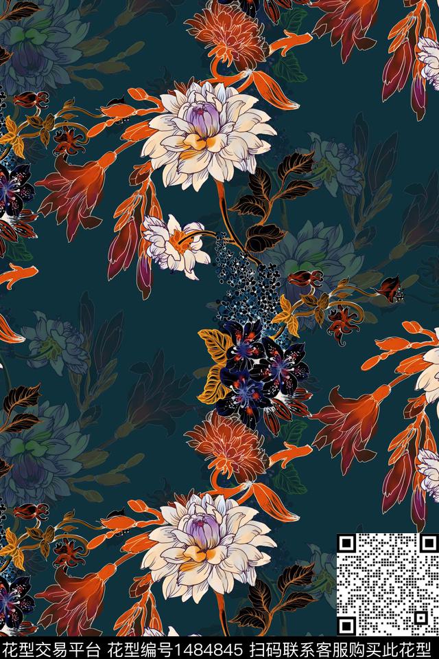 黑底花卉数码华亿平台女装数码印花华亿平台下载（图片编号: 1484845） - 瓦栏（Walan）