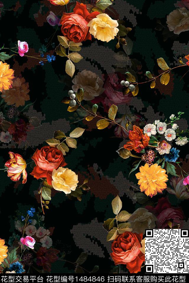 黑底花卉数码华亿平台女装数码印花华亿平台下载（图片编号: 1484846） - 瓦栏（Walan）