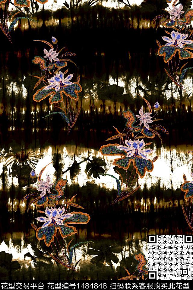 黑底花卉数码华亿平台女装数码印花华亿平台下载（图片编号: 1484848） - 瓦栏（Walan）