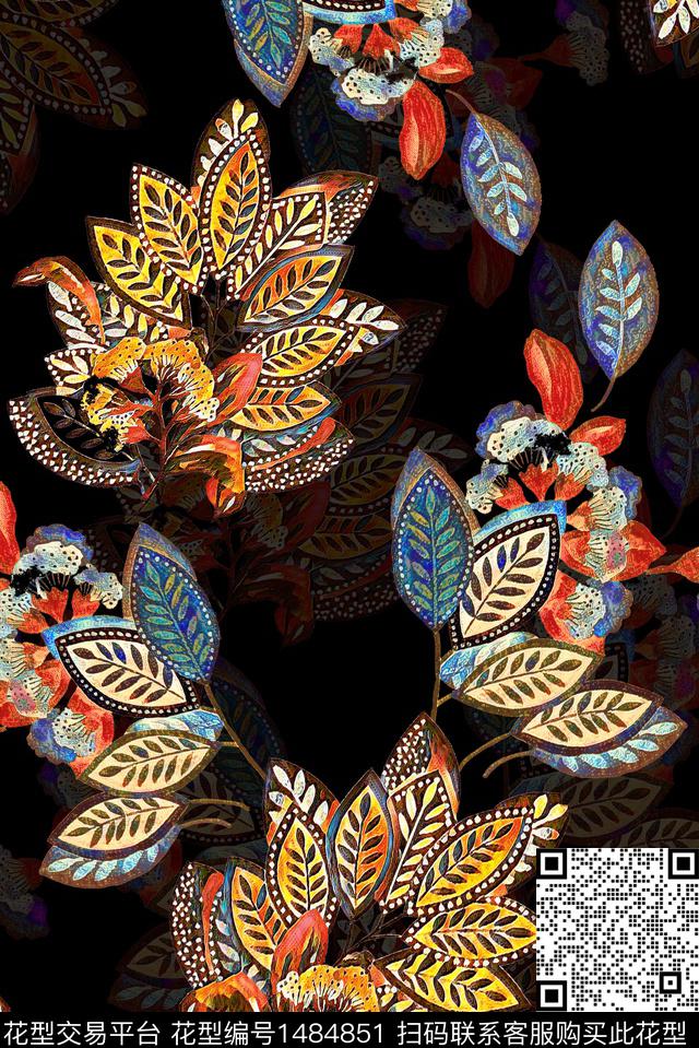 黑底花卉数码华亿平台女装数码印花华亿平台下载（图片编号: 1484851） - 瓦栏（Walan）