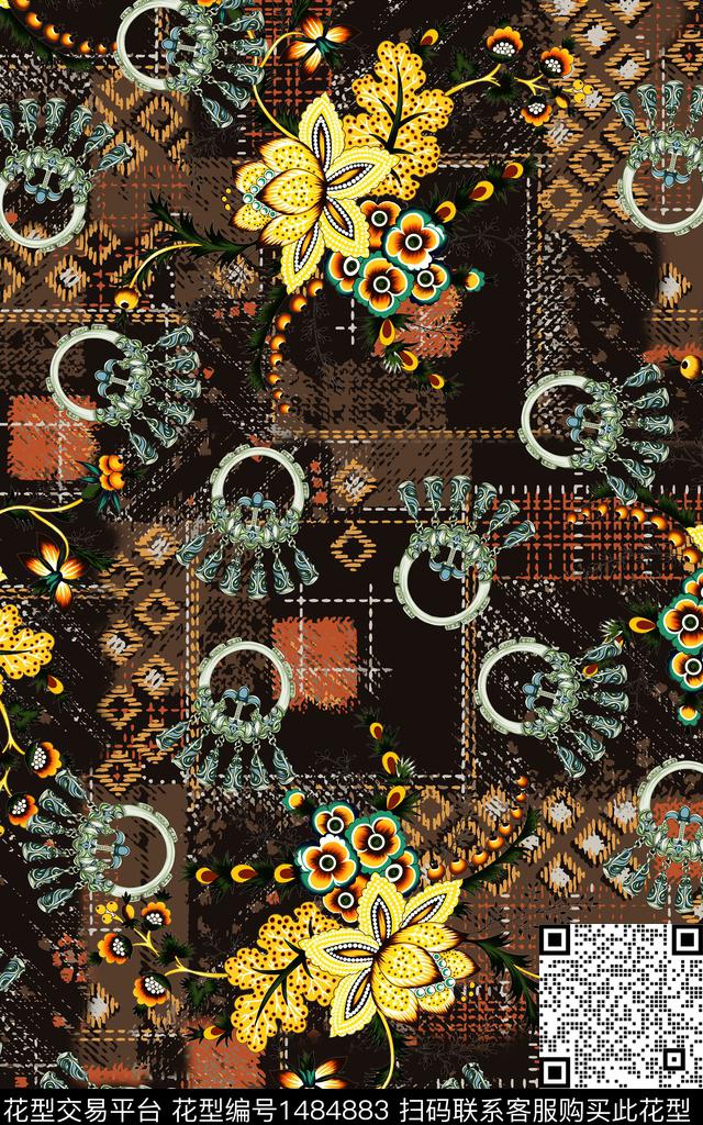 几何花卉民族风真丝数码印花华亿平台下载（图片编号: 1484883） - 瓦栏（Walan）