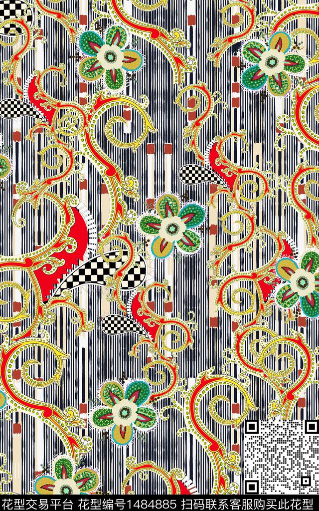 几何花卉民族风真丝数码印花华亿平台下载（图片编号: 1484885） - 瓦栏（Walan）