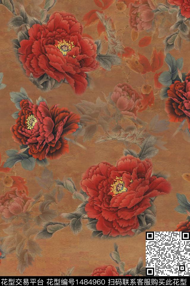 底纹花卉大花数码印花华亿平台下载（图片编号: 1484960） - 瓦栏（Walan）