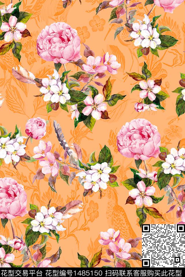 花卉大牌风手绘数码印花华亿平台下载（图片编号: 1485150） - 瓦栏（Walan）