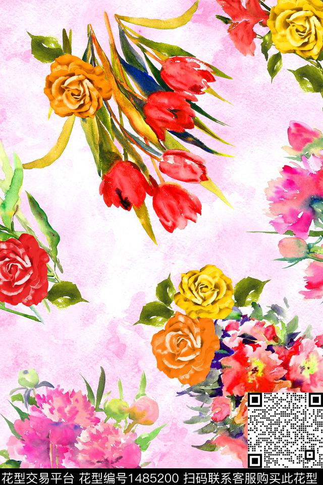 水彩花卉春夏华亿平台数码印花华亿平台下载（图片编号: 1485200） - 瓦栏（Walan）