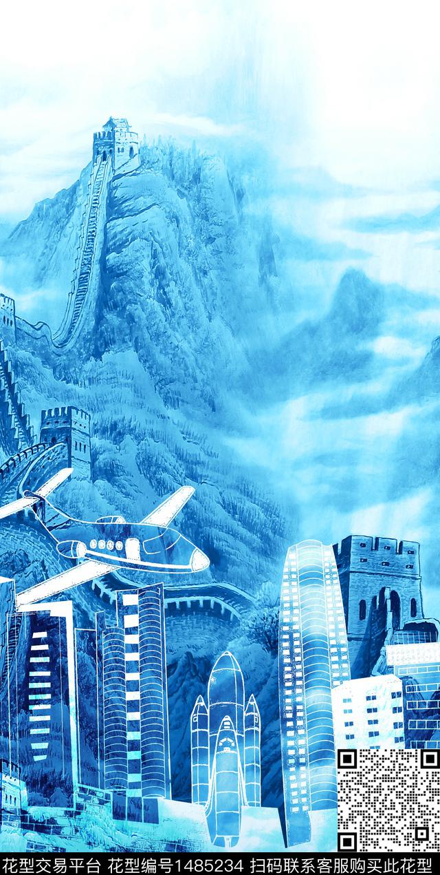 渐变中国风建筑数码印花华亿平台下载（图片编号: 1485234） - 瓦栏（Walan）