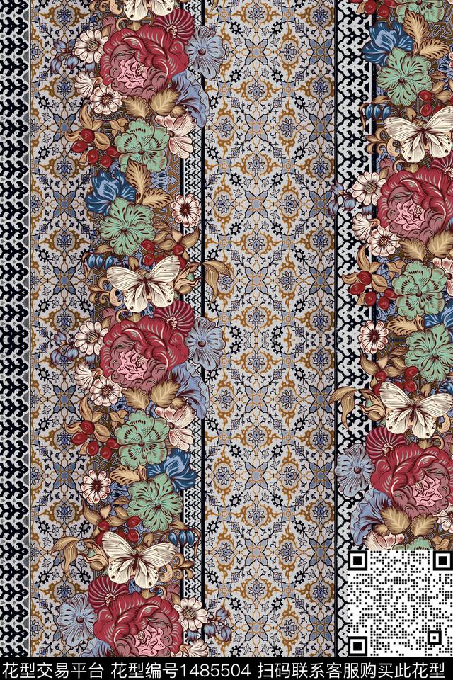 古典花纹蝴蝶玫瑰花数码印花华亿平台下载（图片编号: 1485504） - 瓦栏（Walan）