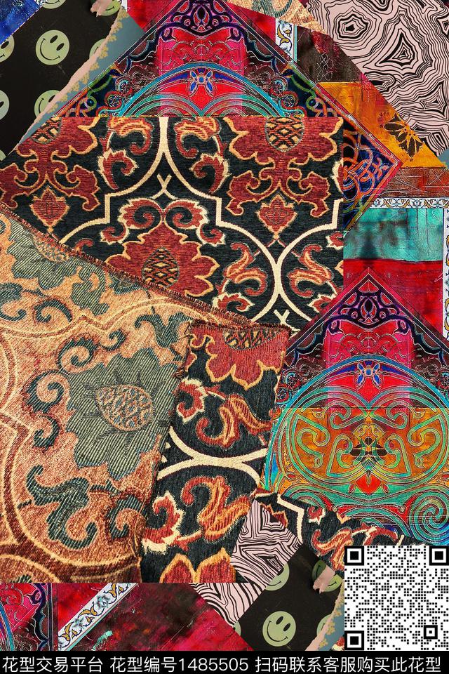 棉麻混合拼接民族风花纹数码印花华亿平台下载（图片编号: 1485505） - 瓦栏（Walan）