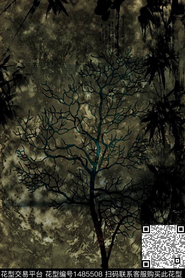 树枝竹子混合拼接数码印花华亿平台下载（图片编号: 1485508） - 瓦栏（Walan）