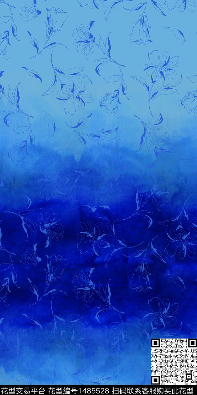 水墨风线条花卉水墨渐变数码印花华亿平台下载（图片编号: 1485528） - 瓦栏（Walan）