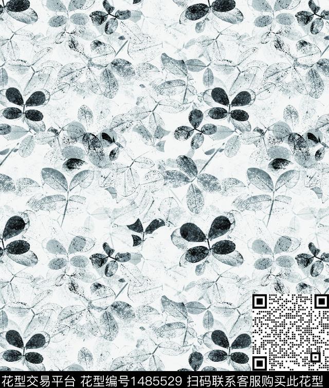 四叶草花卉黑白华亿平台数码印花华亿平台下载（图片编号: 1485529） - 瓦栏（Walan）